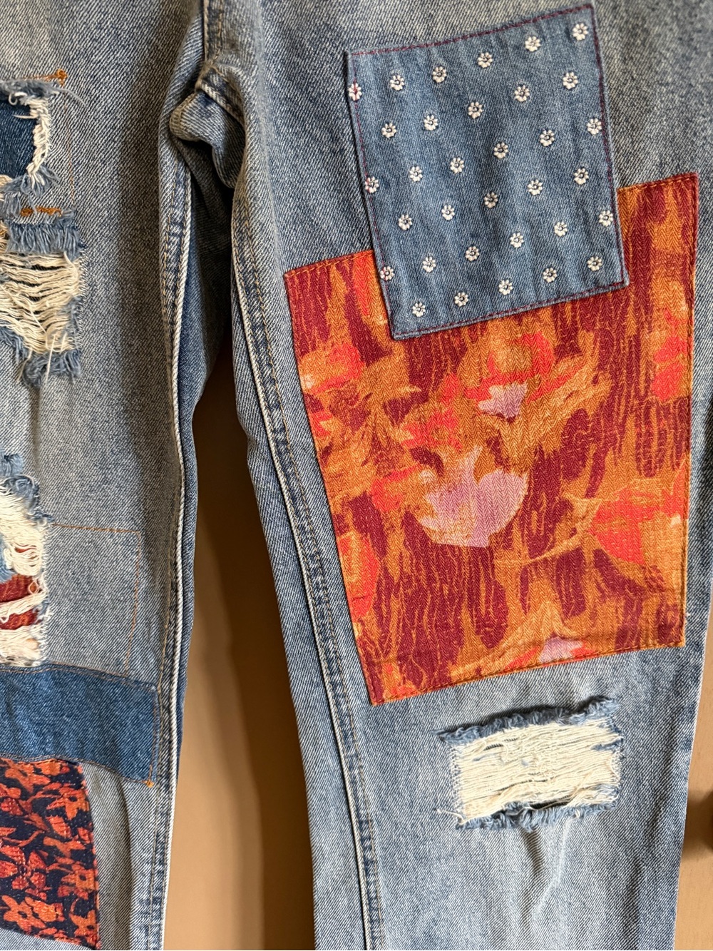 We The Free Belladonna Light Wash Straight-Leg Jeans with Colorful Patchwork - Picture 3 of 9